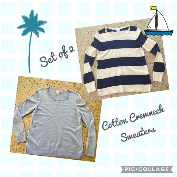 Bundle of 2, Old Navy crewneck sweaters, side slits, blue + blue stripe, Size M - Picture 1 of 11